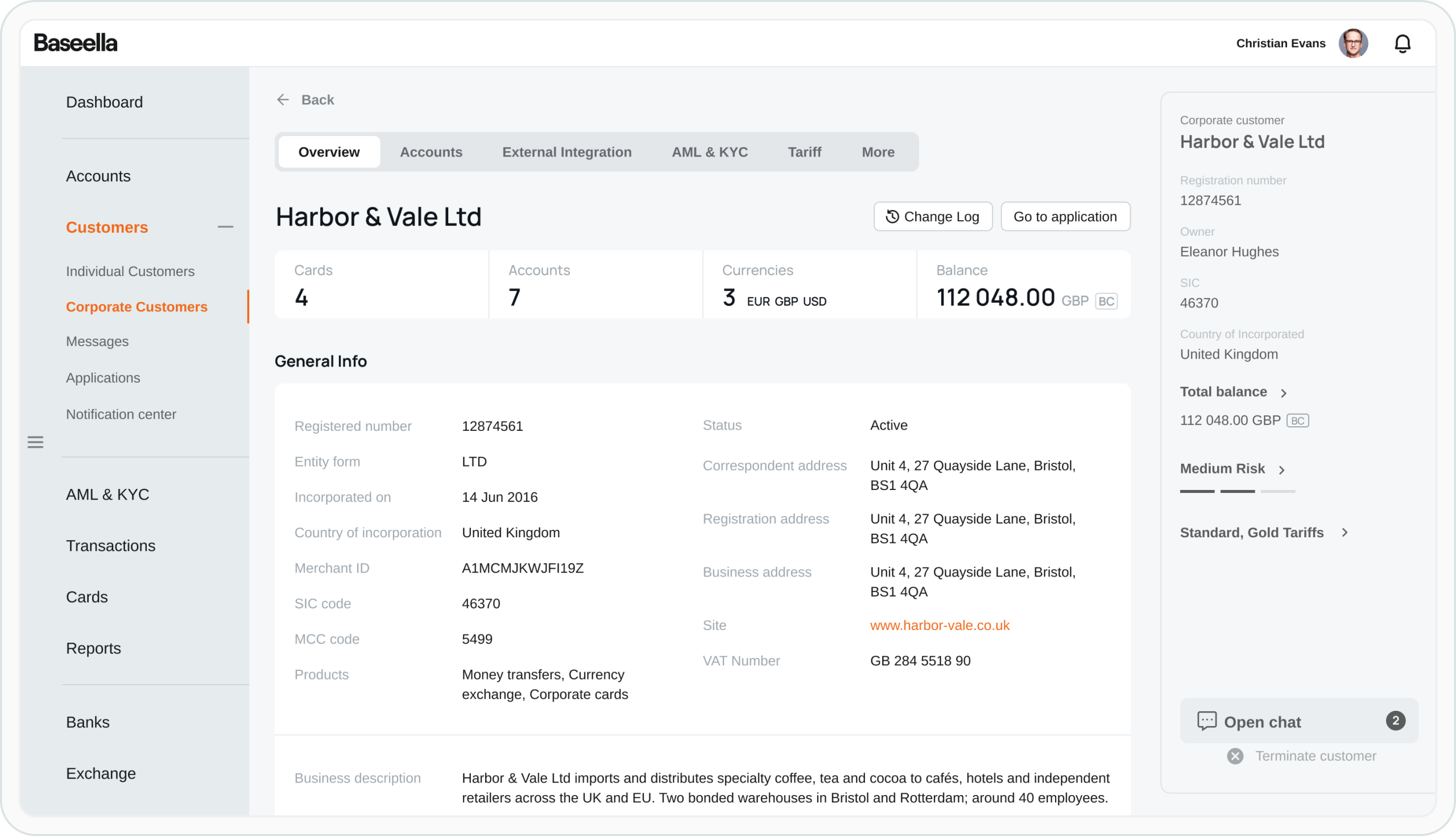 Customer profile dashboard
